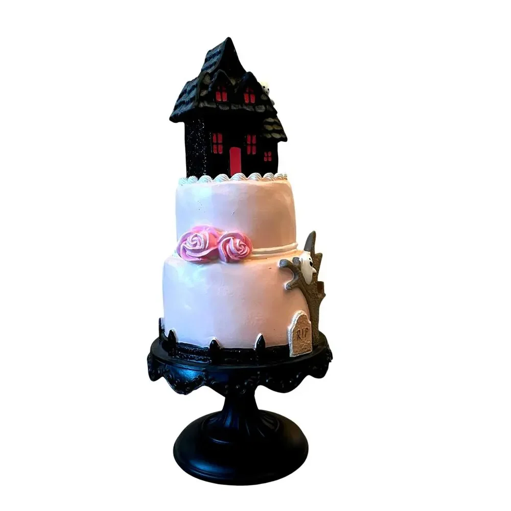 Viral Pink & Black Halloween Haunted House Faux Cake 22in Glitter Ghosts NEW